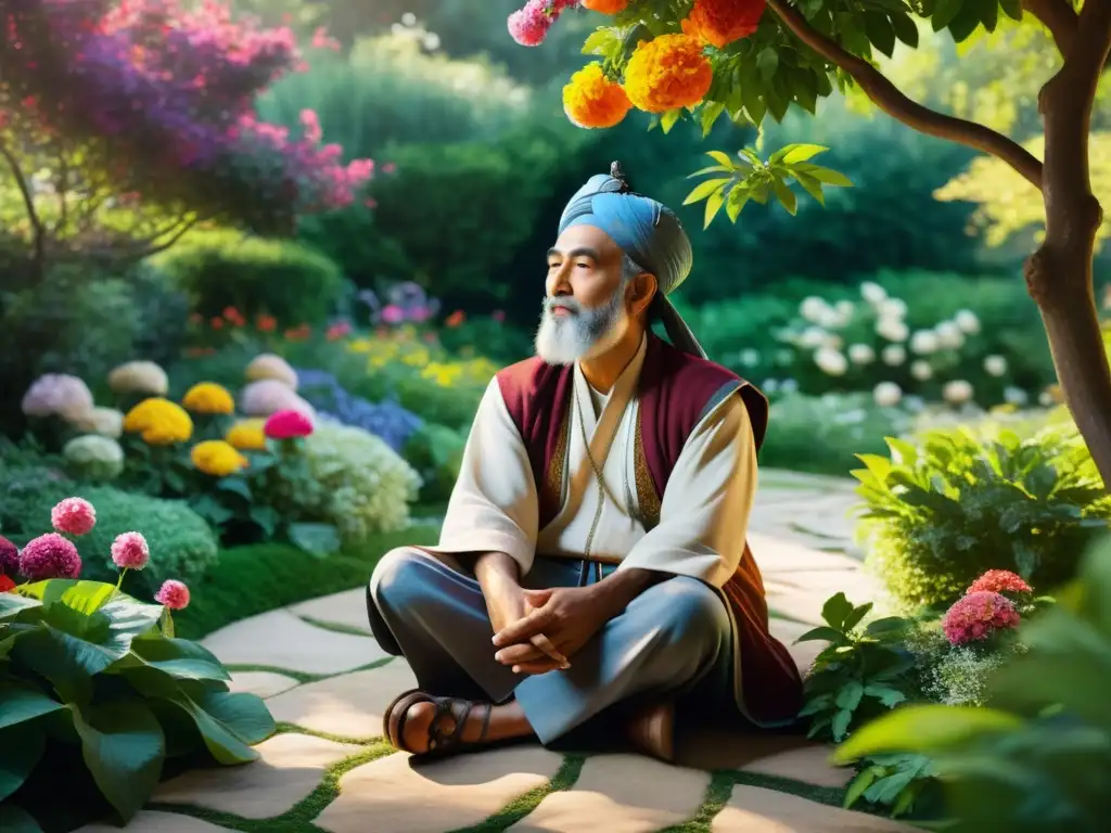 La imagen muestra a Rumi en un exuberante jardín, rodeado de flores y arroyos