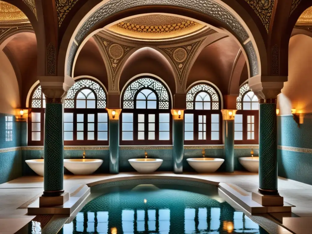 Una imagen fascinante de un histórico baño turco, con arquitectura de mármol, arcos elegantes y suave iluminación ambiental