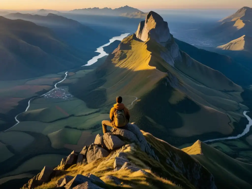 Contemplación al amanecer en la cima Imagen de filosofía islámica en la búsqueda de la verdad: figura solitaria en cima de montaña al amanecer, en profunda contemplación