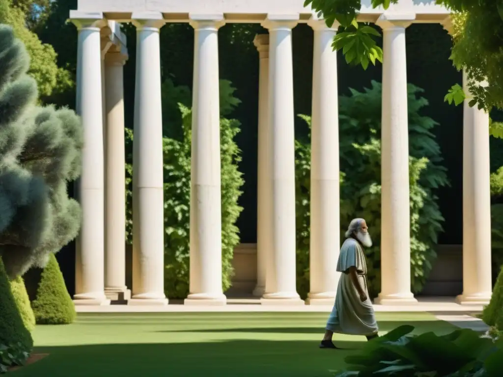 Imagen de un filósofo en contemplación en un jardín sereno, rodeado de columnas y naturaleza exuberante