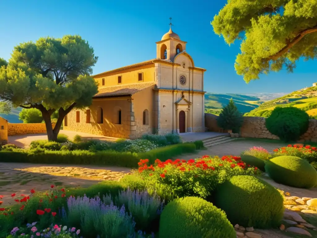 Una imagen fotorealista de la antigua iglesia mozárabe de San Miguel de Escalada, bañada por la cálida luz del sol en el bucólico campo español, capturando la belleza atemporal y la odisea mozárabe de relatos cruzados entre cristianos y musulmanes