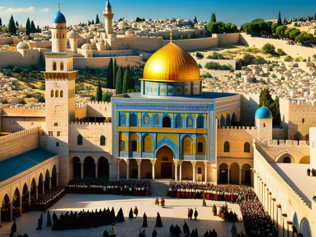 Una imagen fotorealista de la ciudad de Jerusalén durante las Cruzadas, con detalles del bullicioso mercado y la vida cultural islámica