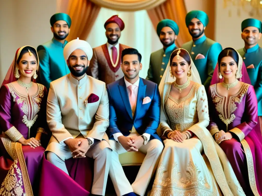 Una imagen fotorealista de una elegante ceremonia de boda halal, con atuendos de lujo y bordados intrincados