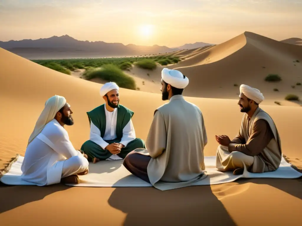 Una imagen fotorealista de la enseñanza del Profeta Muhammad a un grupo diverso, con un escenario sereno en el desierto