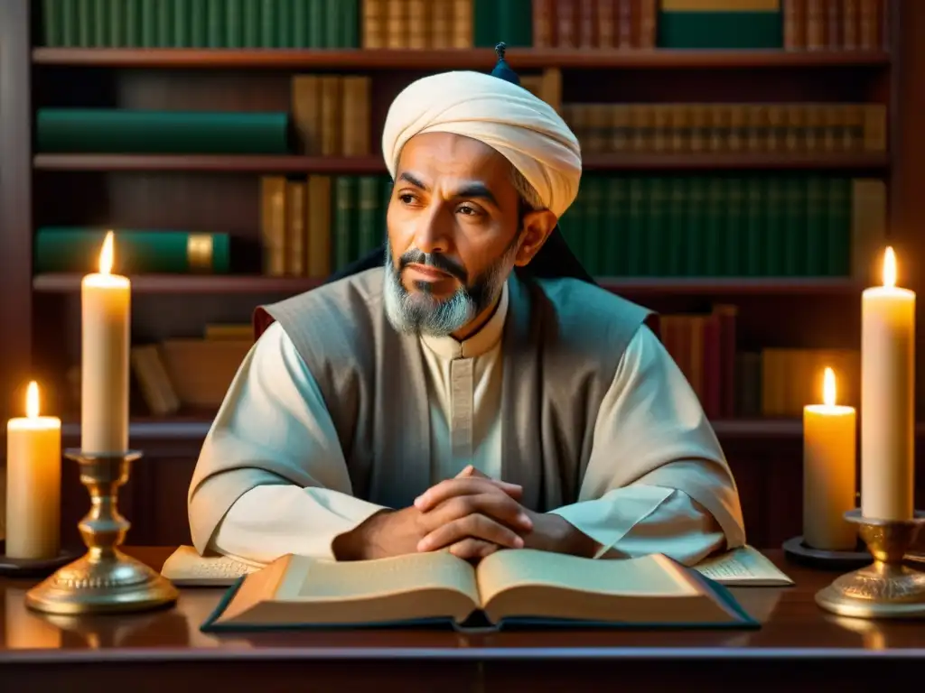 Una imagen fotorealista muestra a Ibn Khaldun reflexionando en su escritorio, rodeado de libros y pergaminos, iluminado por el cálido resplandor de las velas