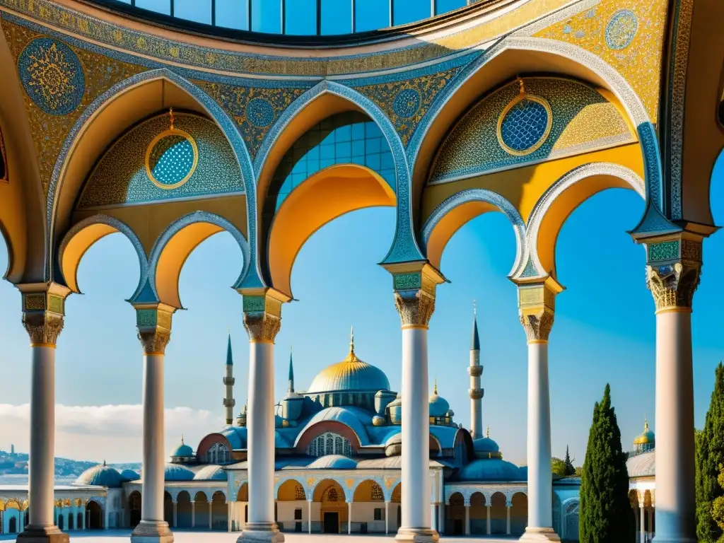 Imagen fotorealista del exterior del Palacio de Topkapi en Estambul, con detalles arquitectónicos, colores vibrantes y grandiosidad histórica