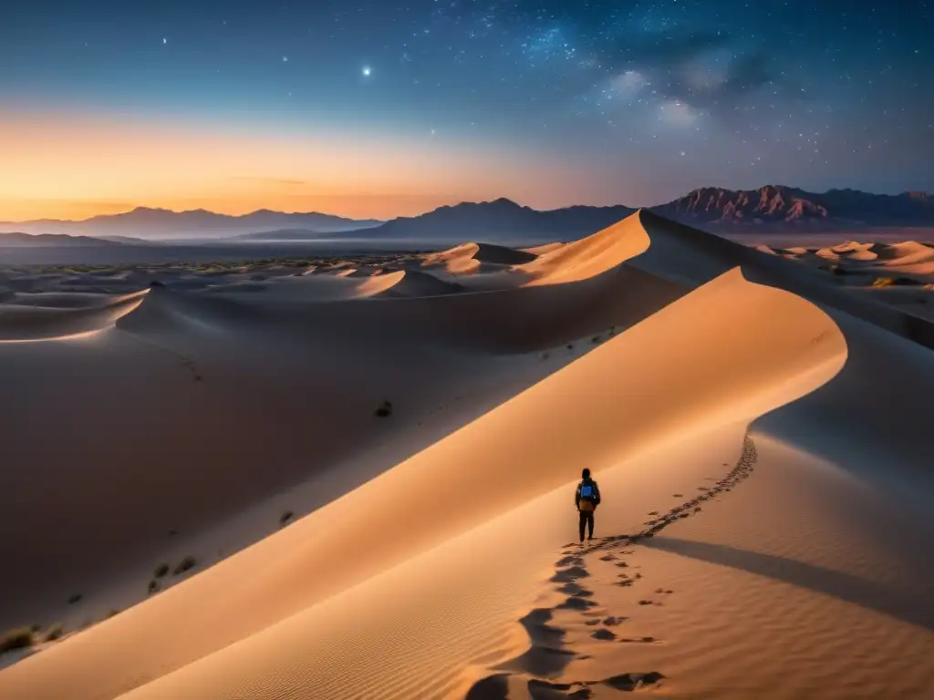 Una imagen fotorealista de un paisaje desértico sereno al atardecer, con una figura solitaria entre dunas de arena, contemplando el cielo estrellado