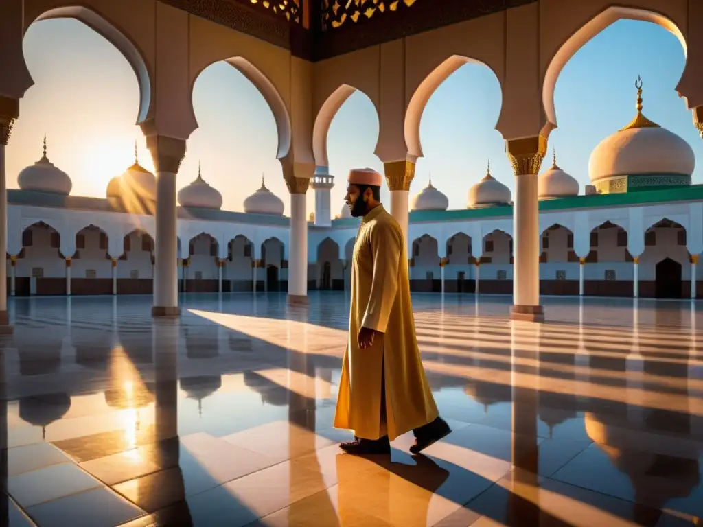 Una imagen fotorealista de un patio de mezquita al amanecer, con una figura contemplativa en un ambiente sereno