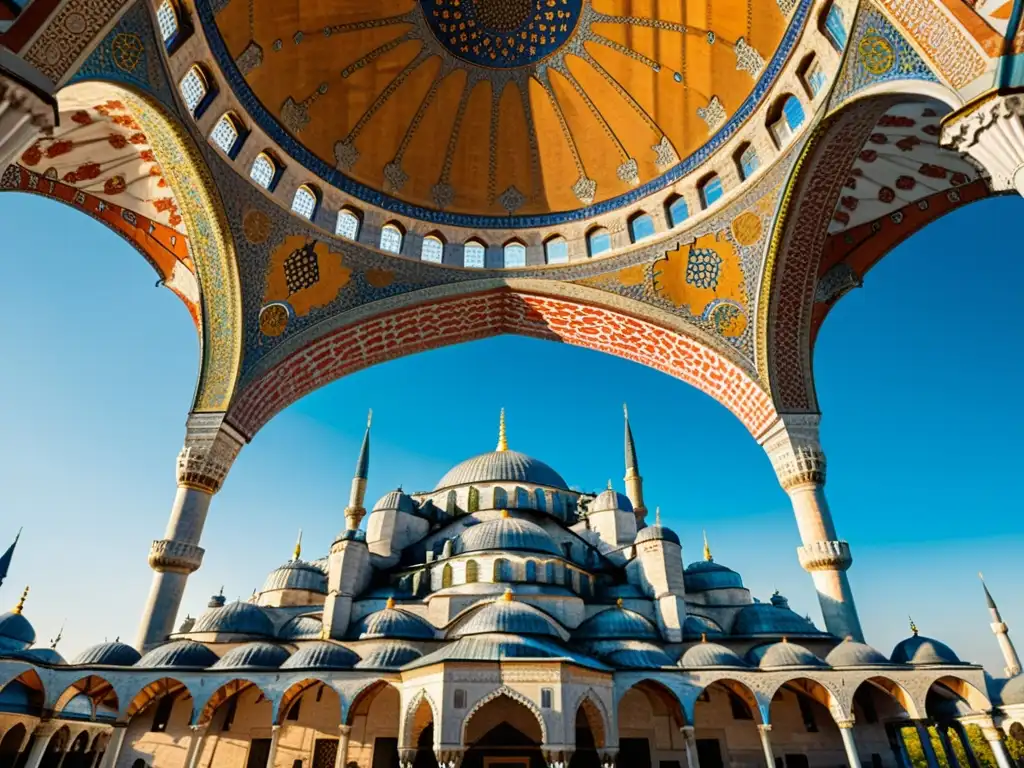 Imagen fotorrealista de la emblemática Mezquita Azul en Estambul, Turquía, con detalles intrincados de sus cúpulas, minaretes y patio