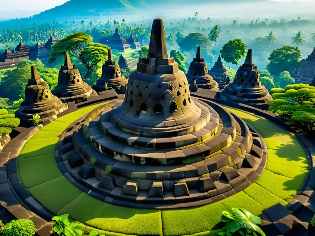 Imagen fotorrealista de templo Borobudur en Java, Indonesia, con intrincadas esculturas de piedra y ambiente espiritual