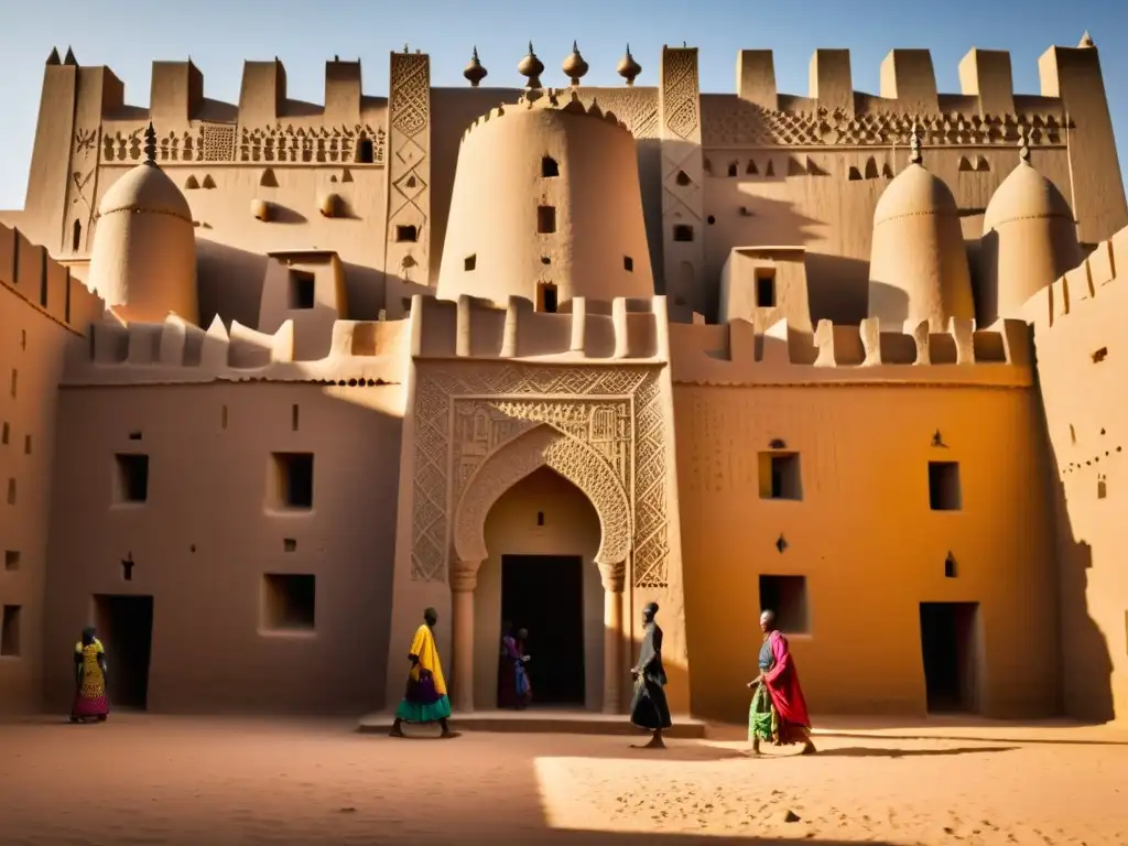 Imagen de la Gran Mezquita de Djenné en Mali, con su arquitectura de ladrillo de barro, minaretes imponentes y bullicioso patio