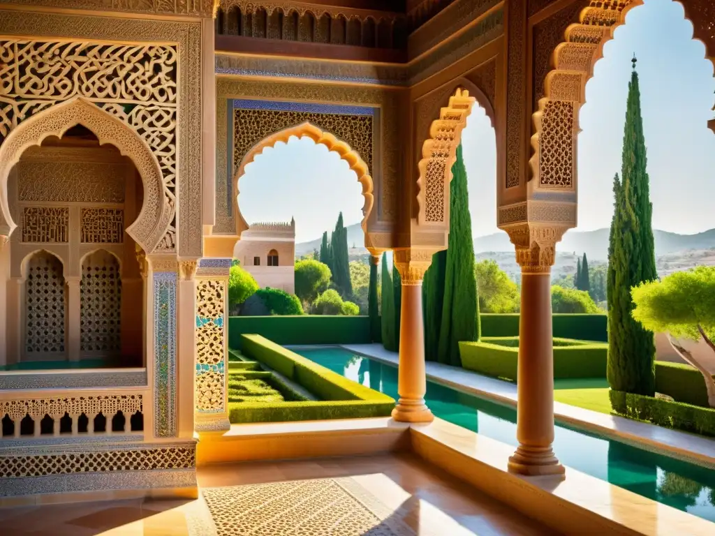 Una imagen impactante de la Alhambra, con detalles de patrones geométricos islámicos, la transformación del Islam en Al-Andalus cobra vida en esta representación fotorealista