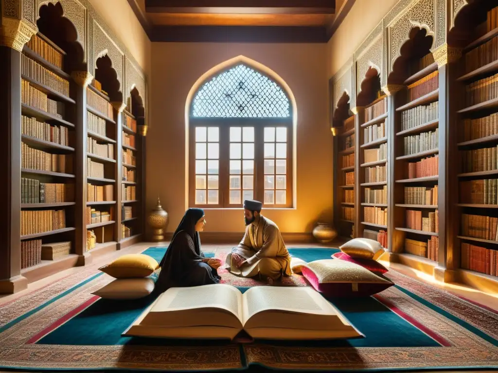 Imagen impactante de una antigua biblioteca islámica con estanterías de madera y libros sobre retórica y educación