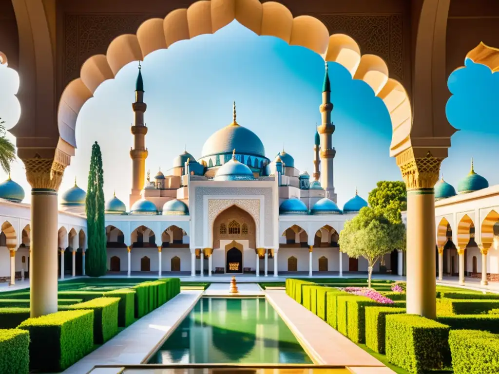 Imagen impactante de una antigua mezquita entre exuberante vegetación, con patrones geométricos y detalles arquitectónicos islámicos