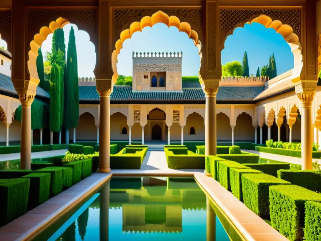 Imagen impactante de la Alhambra en Granada, España, con su arquitectura islámica y exuberantes jardines, evocando serenidad y simbolismo ecológico