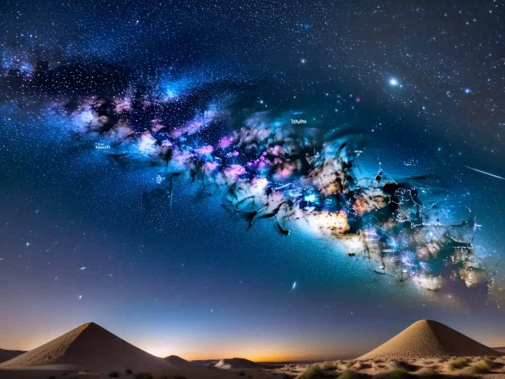 Imagen impactante del cielo nocturno lleno de estrellas y cuerpos celestes, con nombres árabes de estrellas destacados