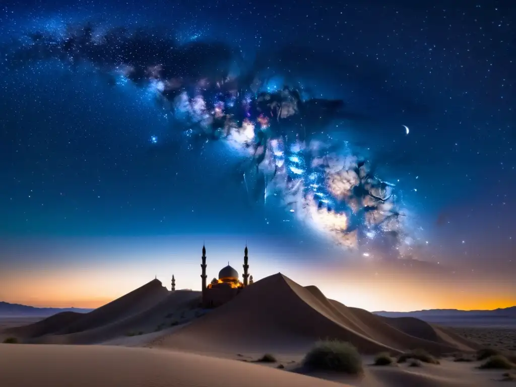 Imagen impactante del cielo nocturno sobre un paisaje desértico, con una luna creciente y un sinfín de estrellas