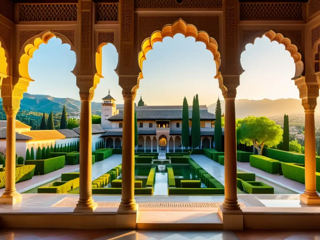 Imagen impactante del complejo palaciego de la Alhambra al atardecer, reflejando el legado cultural del Islam en AlÁndalus