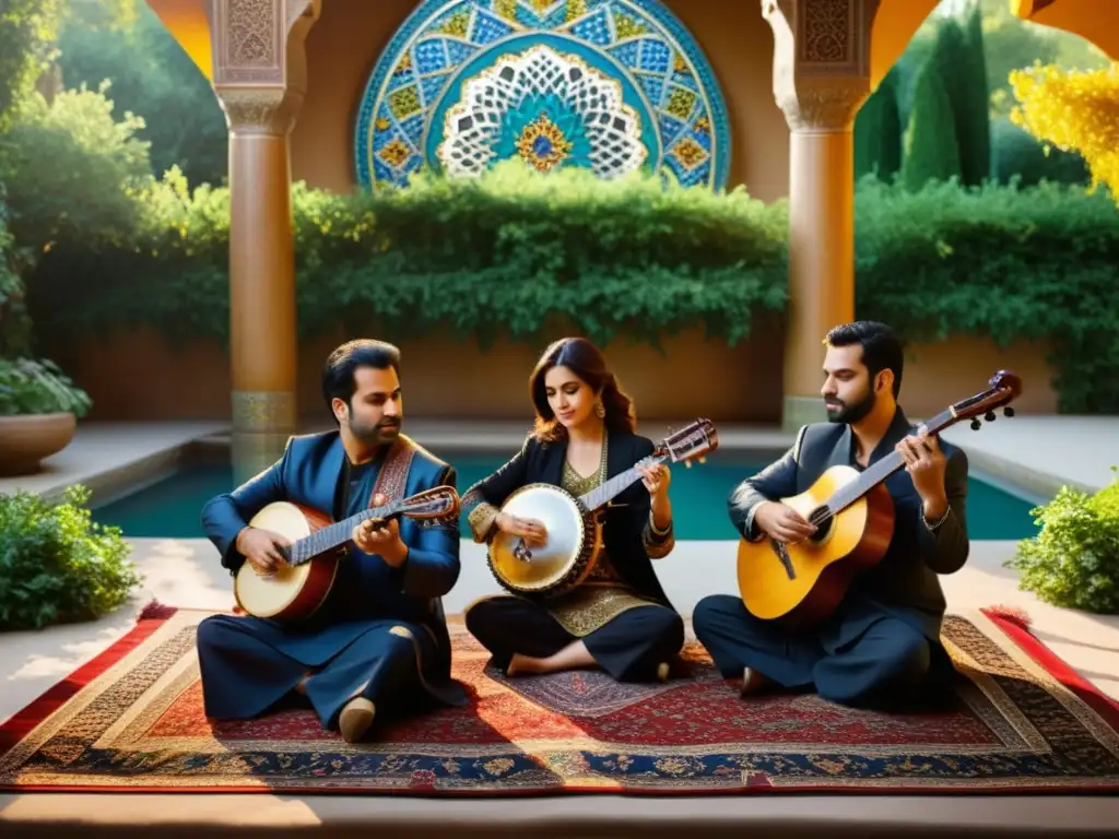 Imagen impactante de un conjunto de música persa tradicional, con santur y setar, en un exuberante jardín persa