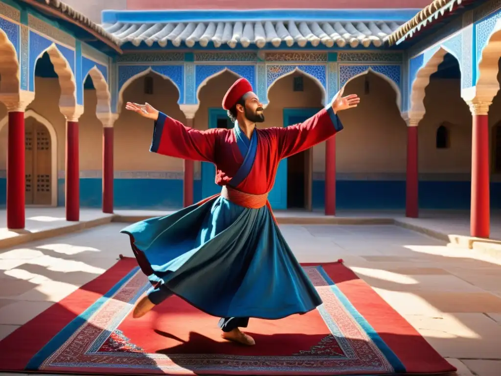 Imagen impactante de un derviche sufí girando en trance en un patio soleado, capturando la belleza del Sufismo en Asia