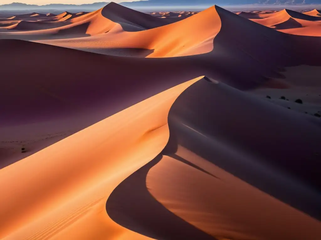 Imagen impactante del amanecer en el desierto del Sáhara, con tonos cálidos y sombras largas sobre las dunas