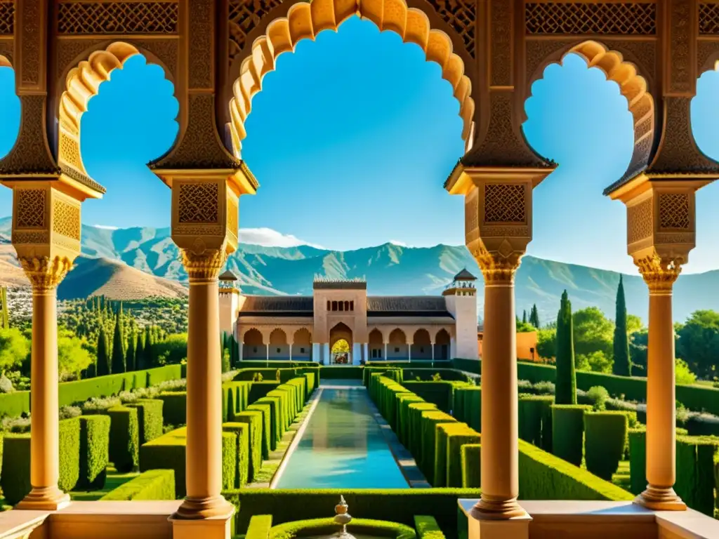 Imagen impactante de la Alhambra en Granada, España, con detalles islámicos y vistas a la Sierra Nevada