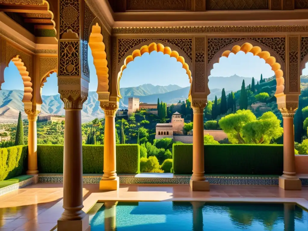 Alhambra: Belleza Moorish en Granada Imagen impactante de la Alhambra en Granada, con detalles moriscos y la Sierra Nevada al fondo