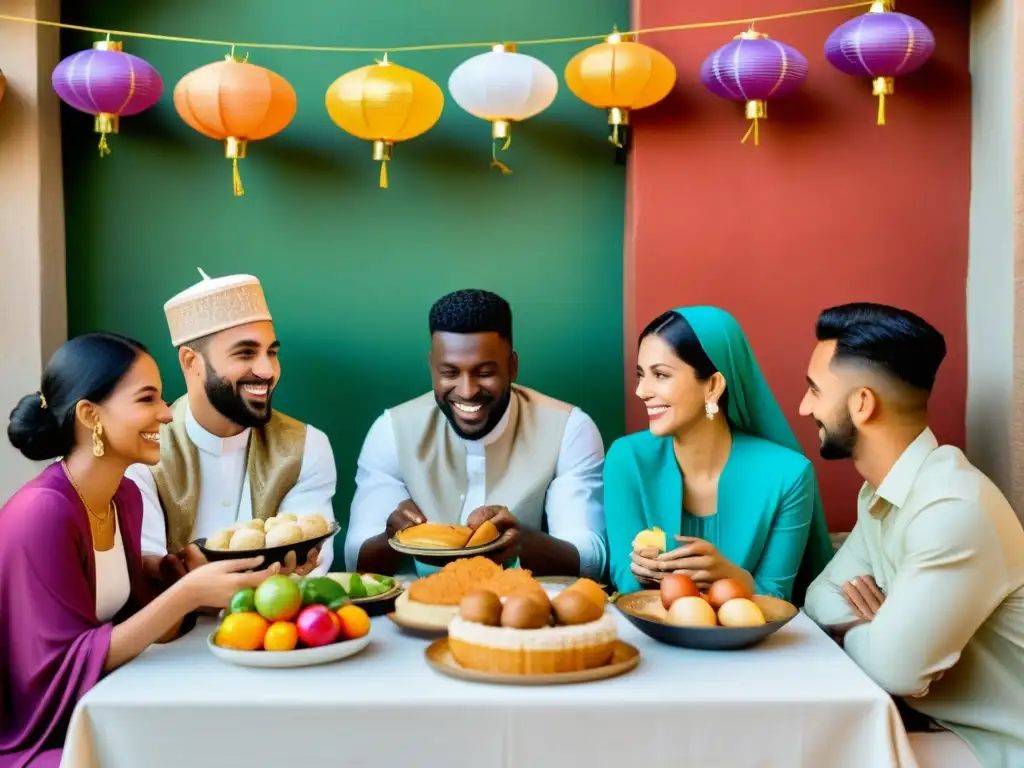 Imagen impactante de diversidad cultural en celebración de Eid al-Adha significado y tradición, con un ambiente cálido y acogedor