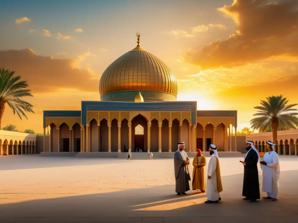 Imagen impactante de la fusión de fe y ciencia en la Bagdad islámica, con la Casa de la Sabiduría al atardecer