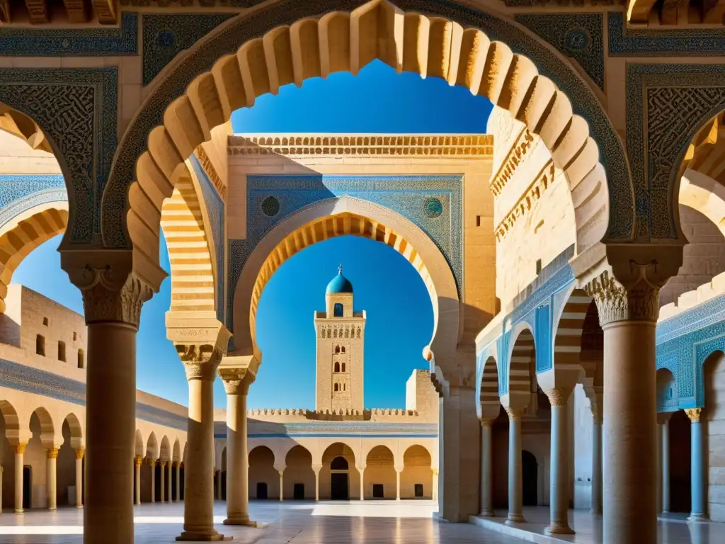 Imagen impactante de la Gran Mezquita de Kairouan, con detalles Aglábidas arquitectura norte África, bañada por cálida luz solar