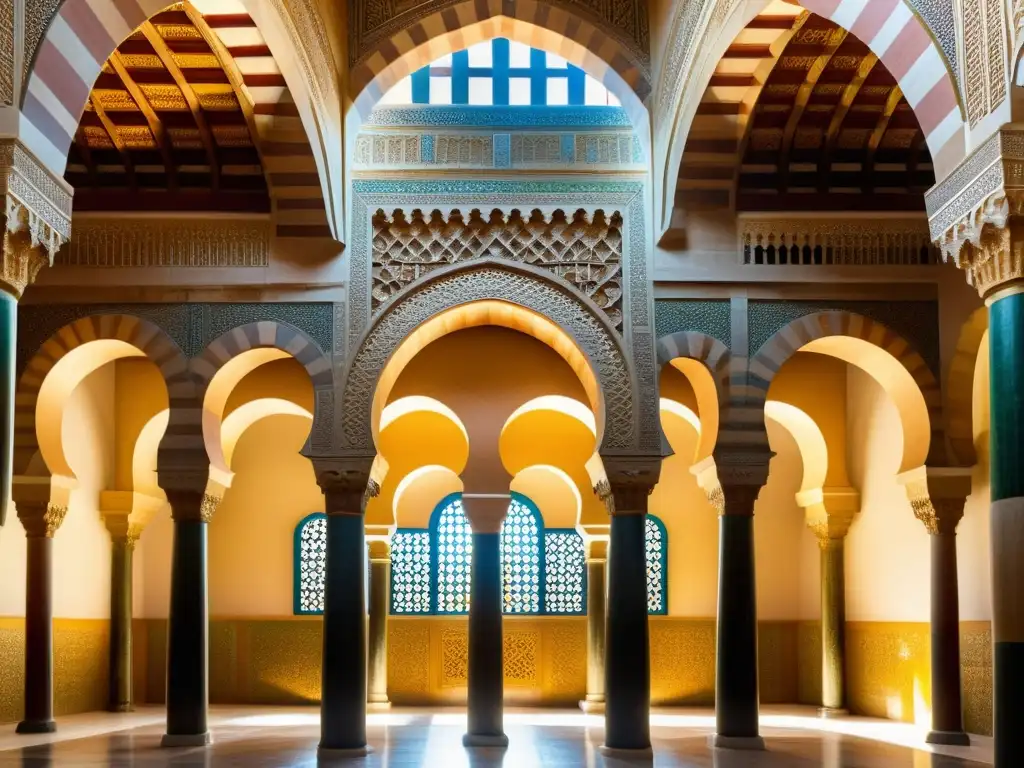 Imagen impactante de la Gran Mezquita de Córdoba, con sus arcos de herradura, azulejos ornamentados y juego de luces y sombras