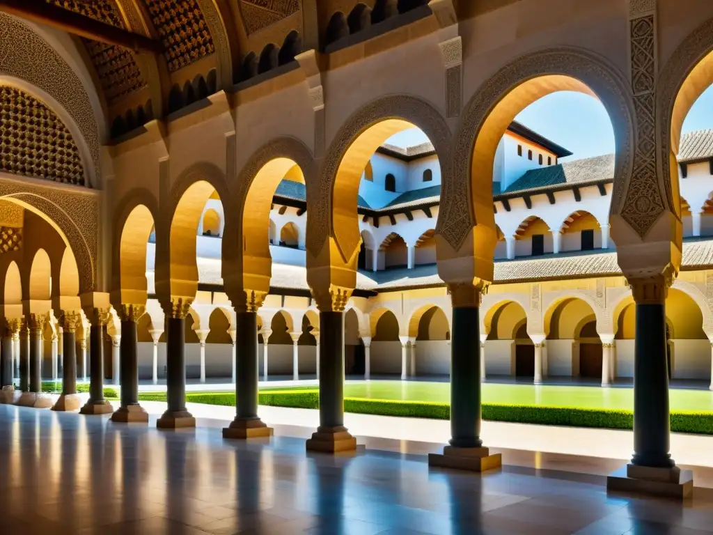 Imagen impactante de la Gran Mezquita de Córdoba, con arcos de herradura, columnas ornamentadas y juego de luces y sombras