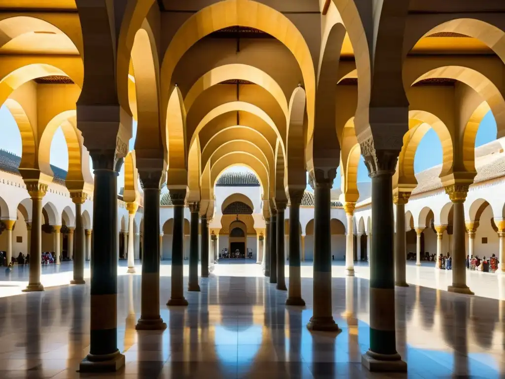 Imagen impactante de la Gran Mezquita de Córdoba en la era del Califato Omeya, resaltando su arquitectura y mosaicos