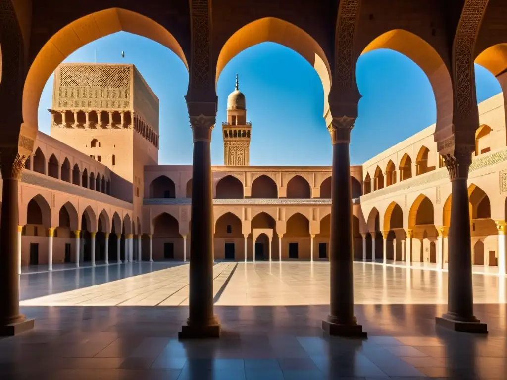 Imagen impactante de la Gran Mezquita de Samarra, destacando sus intrincados patrones geométricos y minarete imponente, evocando la grandeza de la arquitectura mezquitas dinastías islámicas