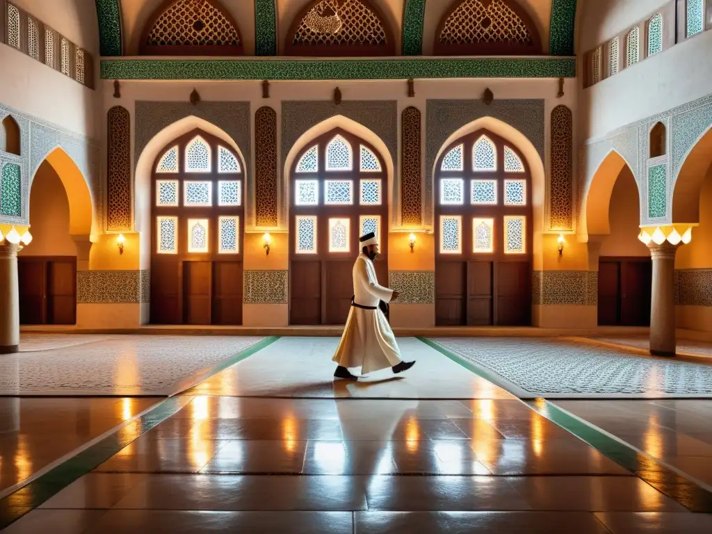 Imagen impactante del interior de un histórico lodge sufí en Turquía, con arcos ornamentados, hermosos patrones de luz y rituales místicos