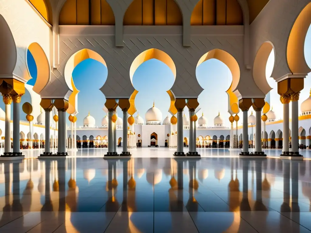 Imagen impactante del interior de la Mezquita Sheikh Zayed en Abu Dhabi, destacando la proporción y balance de su arquitectura