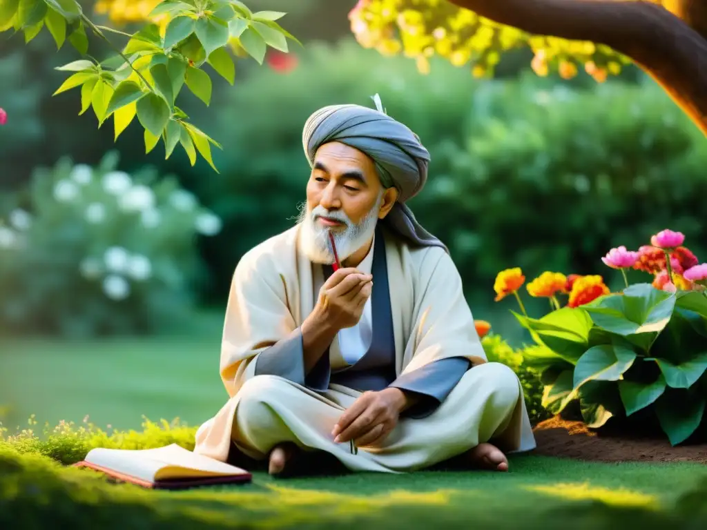Rumi en el jardín: inspiración poética y serenidad Imagen impactante de Jalaluddin Rumi en un jardín sereno, rodeado de flores vibrantes y exuberante vegetación, sumergido en pensamientos poéticos