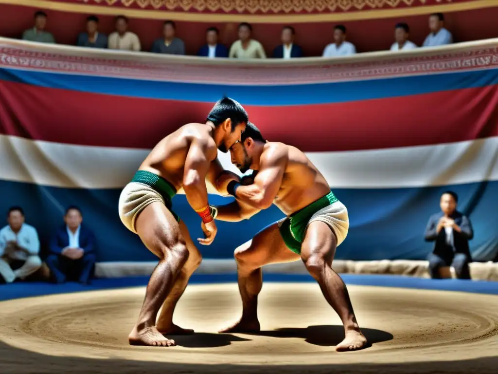 Imagen impactante de dos luchadores de Kurash en un bazar de Asia Central, destacando el origen e influencia islámica de Kurash