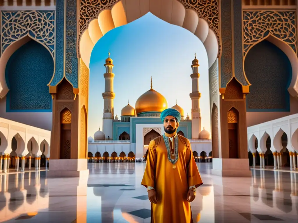 Imagen impactante de Ibn Battuta en una mezquita, admirando el atardecer entre cúpulas y minaretes