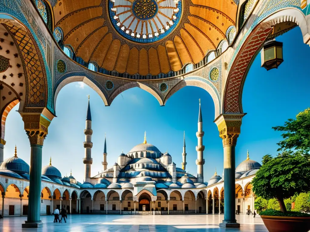 Imagen impactante de la Mezquita Azul en Estambul, Turquía, con su arquitectura impresionante y azulejos intrincados, bañados por la luz del sol