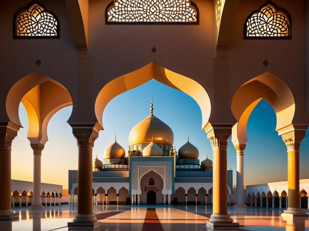 Una imagen impactante de una mezquita islámica tradicional al atardecer, con patrones geométricos e intrincados diseños árabes