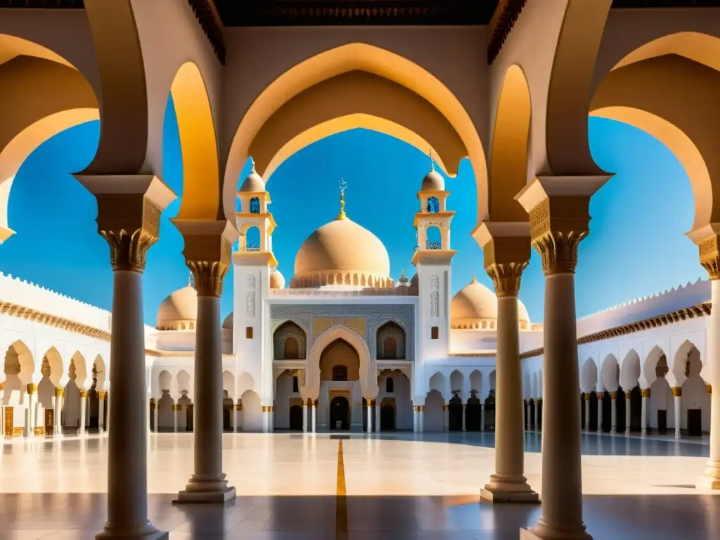 Imagen impactante de la Mezquita de Quba en Arabia Saudita, resaltando sus detalles arquitectónicos y la interacción de luz y sombra