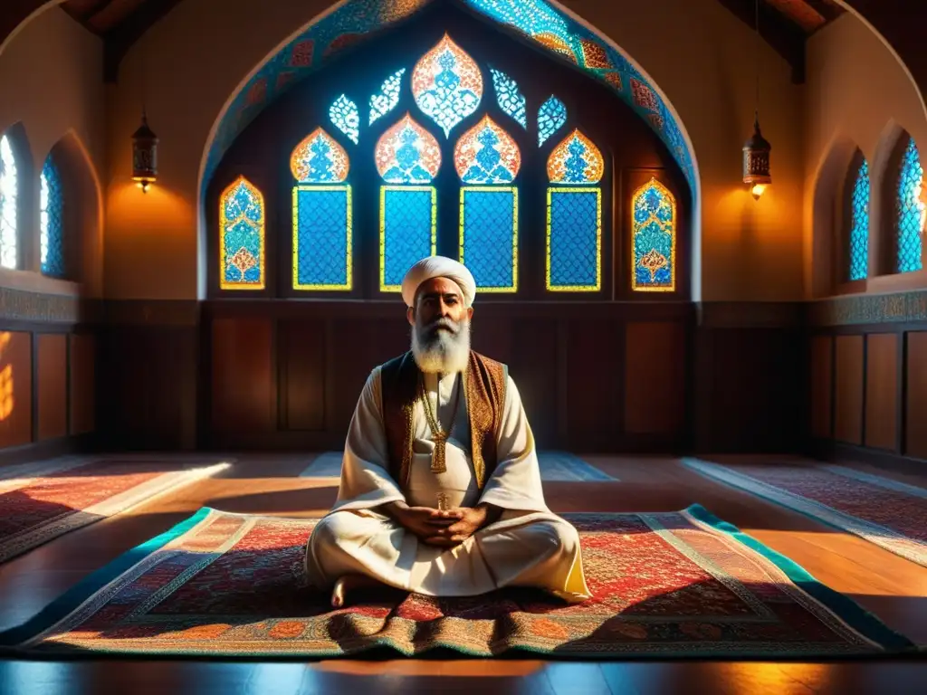 Imagen impactante de un místico sufí meditando en un tapete persa en un ambiente cálido y espiritual