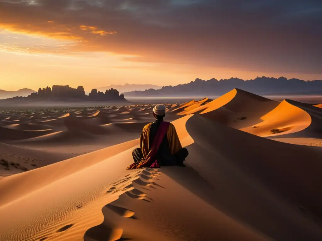 Imagen impactante de un paisaje desértico al atardecer, con dunas y una figura en meditación