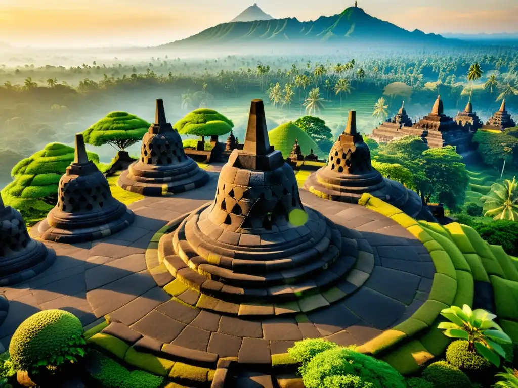 Imagen impactante del Templo Borobudur al atardecer en Indonesia, reflejando la riqueza cultural e historia de Indonesia