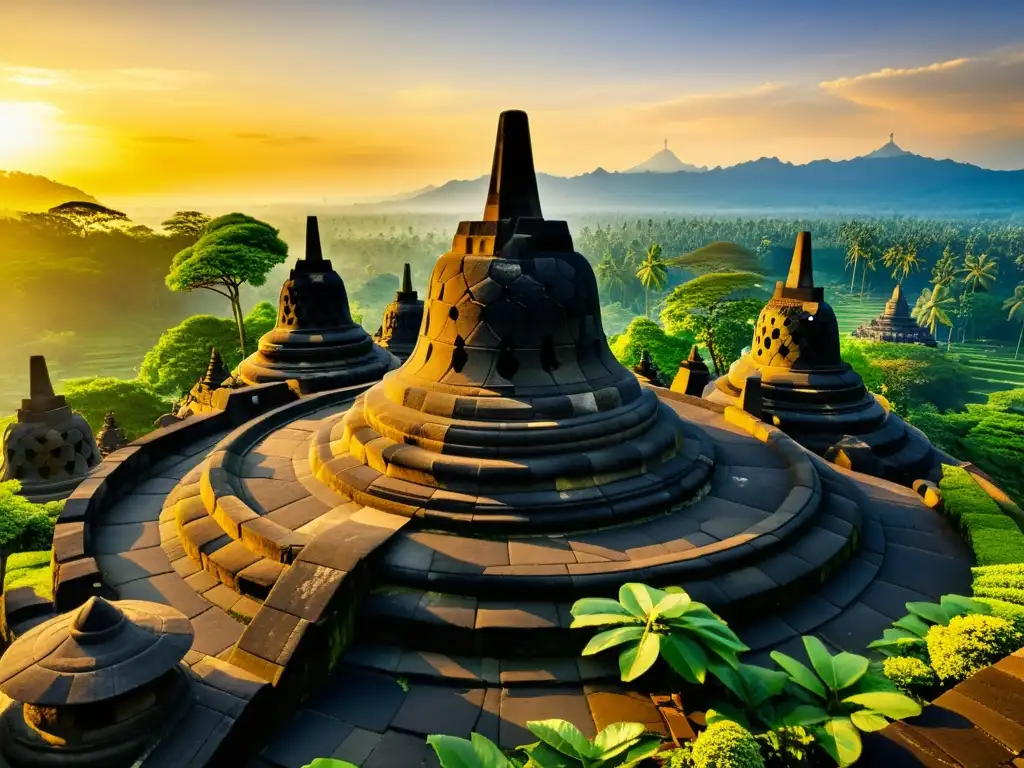 Imagen impactante del tranquilo Templo de Borobudur en Indonesia, bañado por la luz dorada del atardecer, evocando una expansión pacífica del Islam en Indonesia