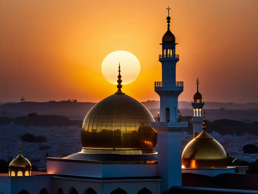 Atardecer en la mezquita: el muecín recita el Adhan Imagen impactante del Adhan en la vida cotidiana: atardecer en la mezquita con el muecín recitando en el minarete, luces de la ciudad al fondo