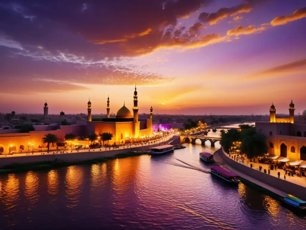 Una imagen impresionante de la antigua ciudad de Bagdad al atardecer, con el río Tigris fluyendo suavemente y bañando de oro las mezquitas, mercados y edificios