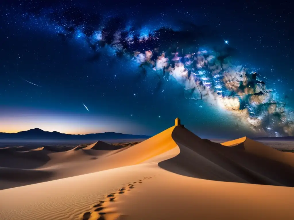 Una imagen impresionante del cielo nocturno sobre el desierto, con la Vía Láctea brillando en el horizonte