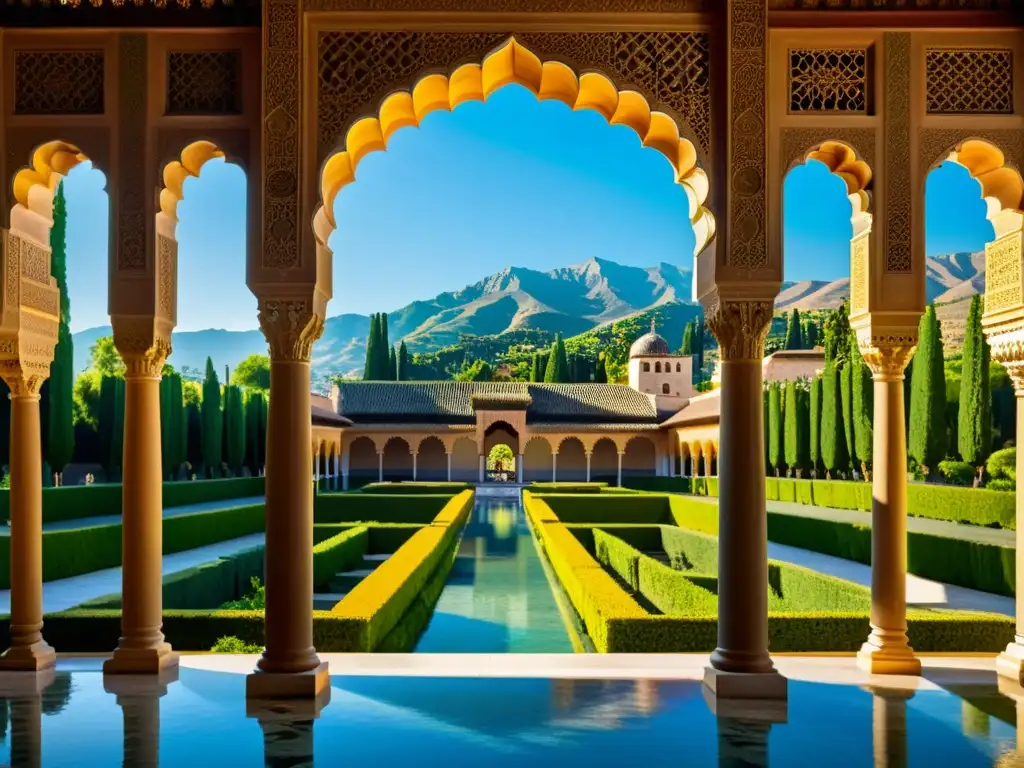 Imagen impresionante de la Alhambra en Granada, con detalles arquitectónicos islámicos, jardines vibrantes y la Sierra Nevada de fondo